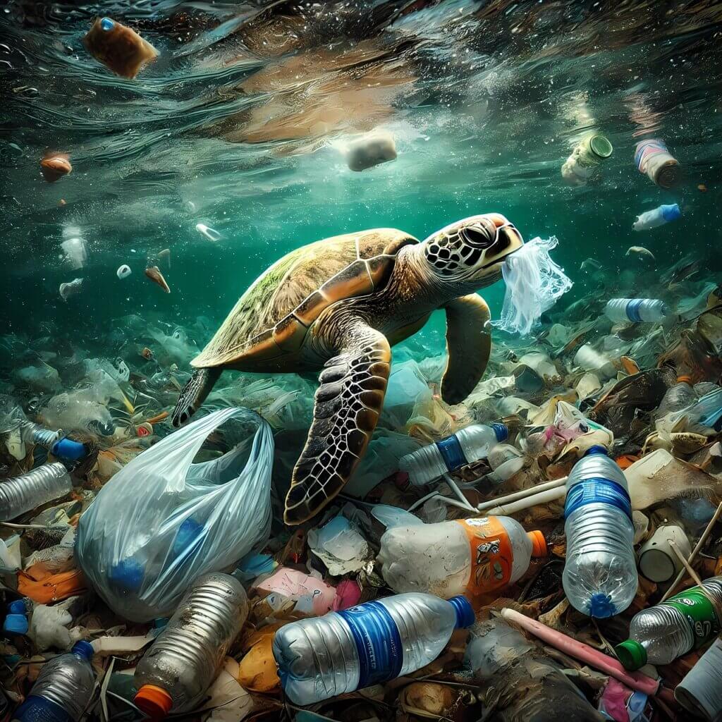 ai generated, sea turtle, pollution, marine debris, nature, plastic, garbage, environment, ocean pollution, trash